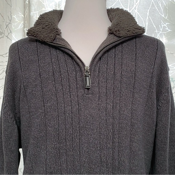 OSCAR DE LA RENTA dark gray 1/4 zipper fuzzy fur neckline v-neck knit sweater - Picture 2 of 7